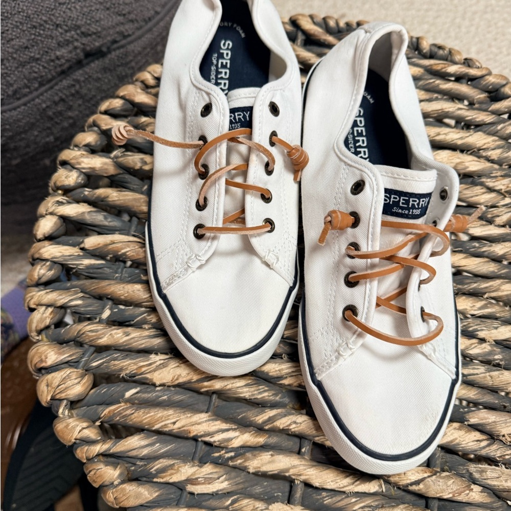 Sperry womens White Canvas Sneakers with Tan Leather Laces - Picture 6 of 7